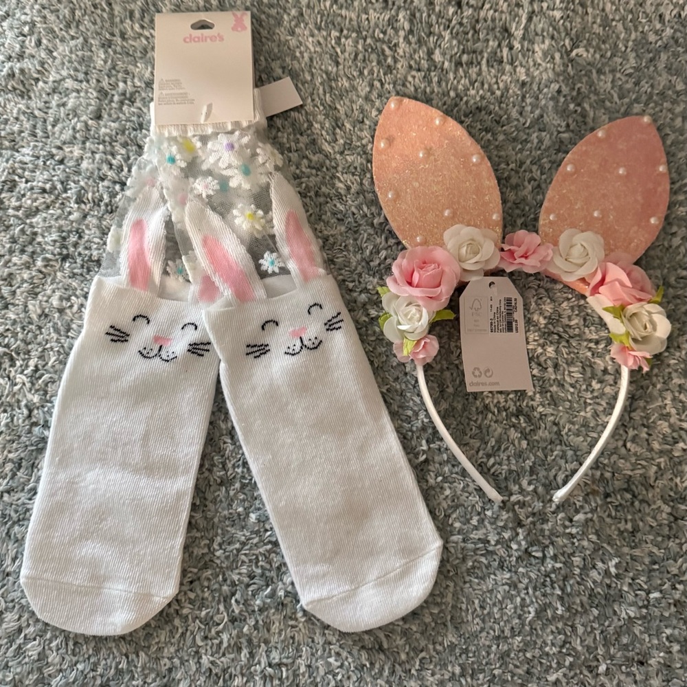 Claire's Bunny Ear Headband and Socks Set - White and Pink